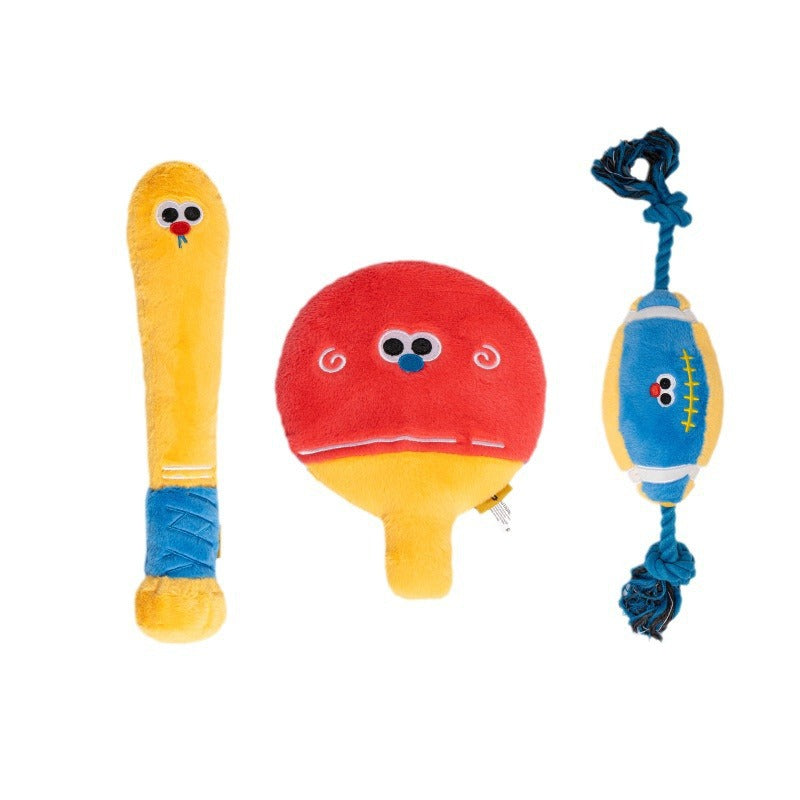 Petsville Sports Training Series Dog Toys – Squeaky Interactive Plush Set (Baseball Bat, Ping Pong Paddle & Rugby Ball)