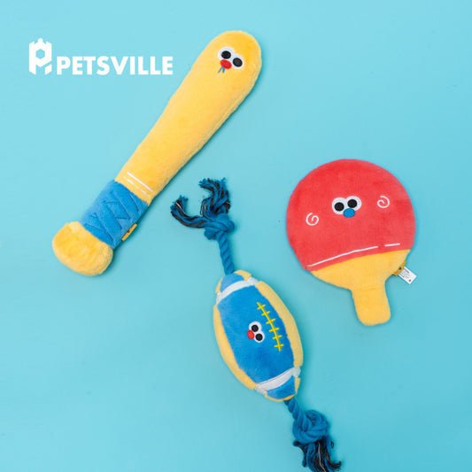 Petsville Sports Training Series Dog Toys – Squeaky Interactive Plush Set (Baseball Bat, Ping Pong Paddle & Rugby Ball)