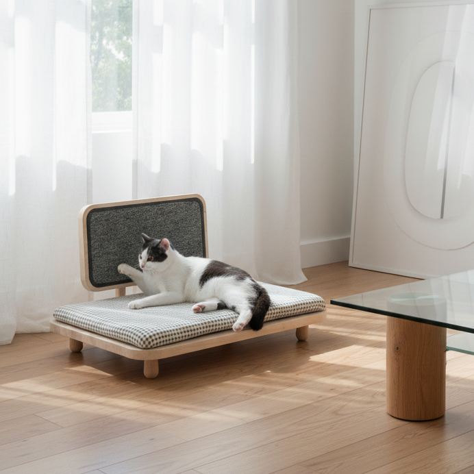 MIAOZAN Cat Scratcher Bed – Solid Rubber Wood Design with Washable Cushion & Replaceable Scratch Board