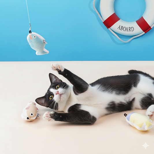 Interactive Cat Fishing Toy Set – Soft Plush Catnip Fish Teaser Wand with Replaceable Fish Heads | Zeze Cat Toy Series