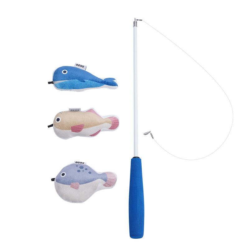 Interactive Cat Fishing Toy Set – Soft Plush Catnip Fish Teaser Wand with Replaceable Fish Heads | Zeze Cat Toy Series